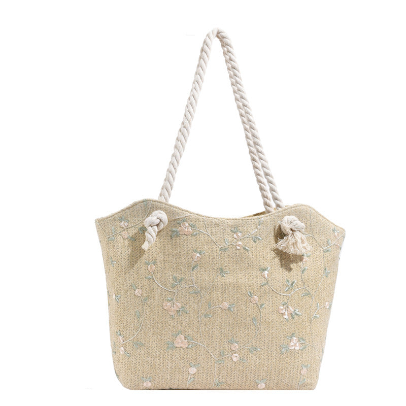 New and Simple Straw Bag Lace Bag Ins Straw Shoulder Bag Large Capacity Flower Fashion Women Handbag