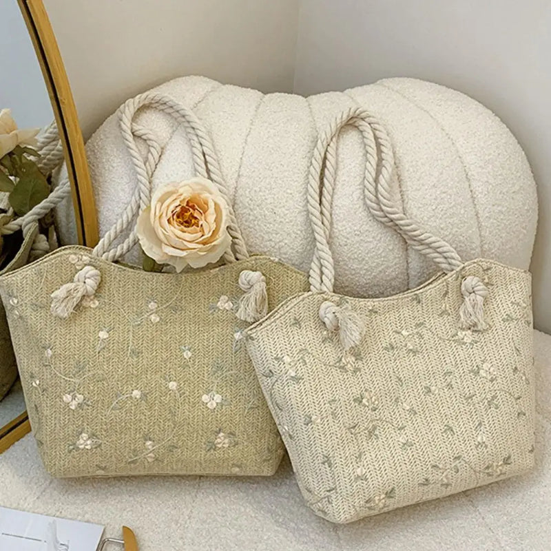 New and Simple Straw Bag Lace Bag Ins Straw Shoulder Bag Large Capacity Flower Fashion Women Handbag