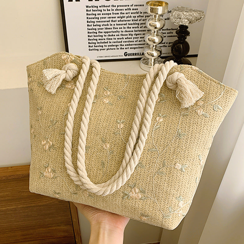 New and Simple Straw Bag Lace Bag Ins Straw Shoulder Bag Large Capacity Flower Fashion Women Handbag