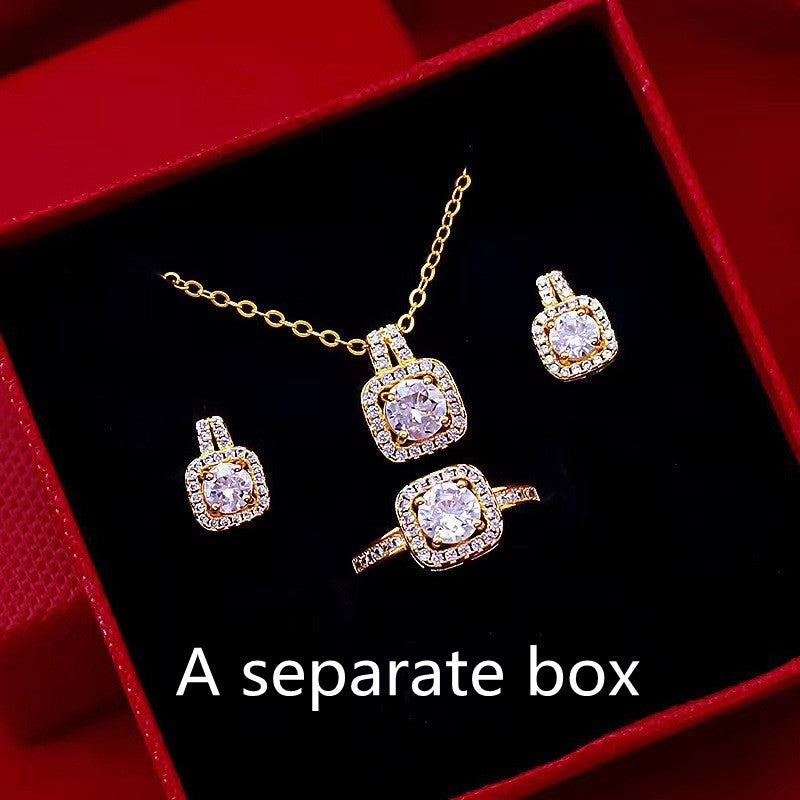 Fashion Jewelry Set Zircon Gem Pendant Chain Choker Necklace for Women Gold Color Stud Earring Statement Wedding Ring