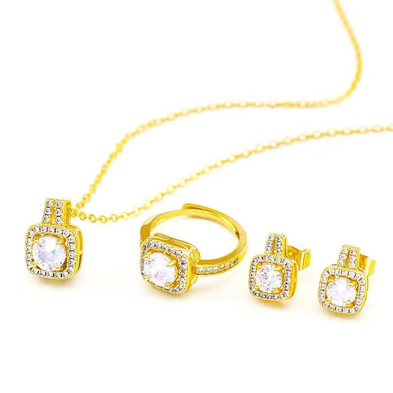 Fashion Jewelry Set Zircon Gem Pendant Chain Choker Necklace for Women Gold Color Stud Earring Statement Wedding Ring