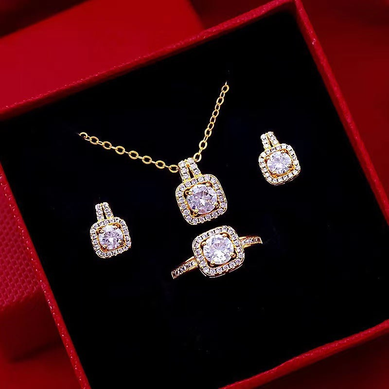 Fashion Jewelry Set Zircon Gem Pendant Chain Choker Necklace for Women Gold Color Stud Earring Statement Wedding Ring